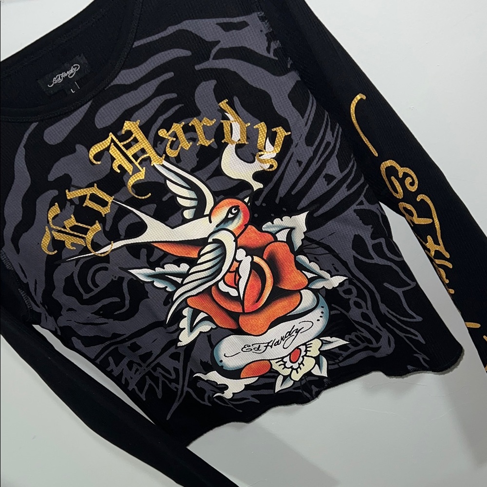 Ed Hardy Black Graphic Long Sleeve with Red and Gold Accents - Picture 3 of 4